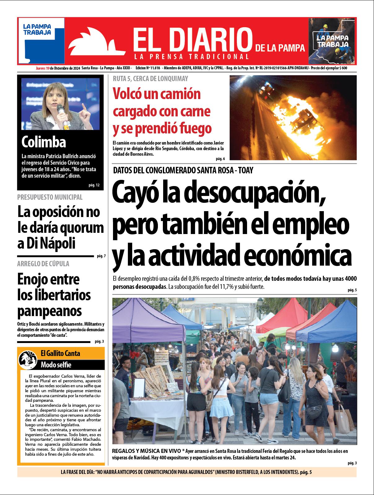 Tapa de El Diario en papel  jueves 19 de diciembre de 2024